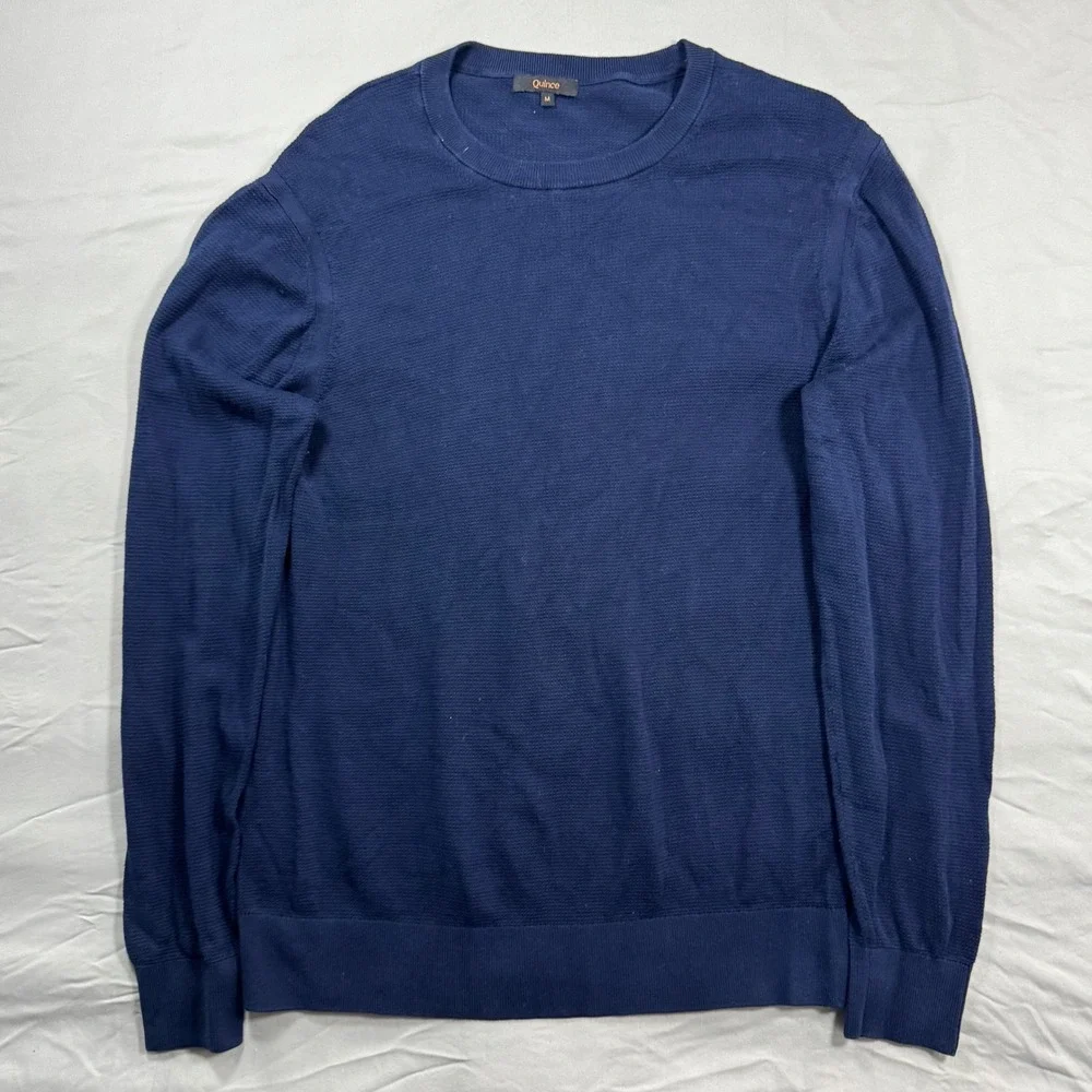 Quince Mens M Organic Cotton-Silk Pique Crewneck Sweater Navy Blue Preppy